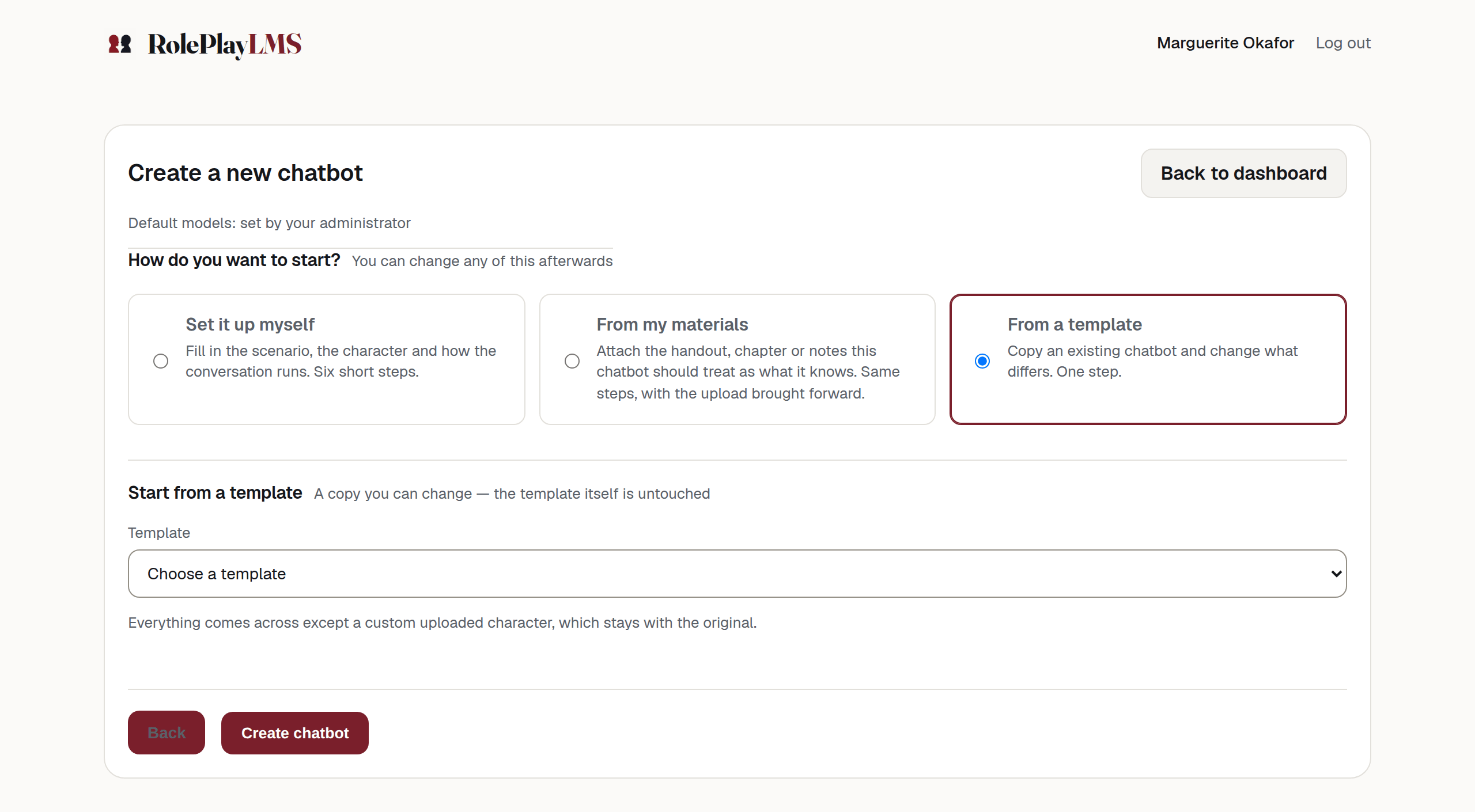 The template route — a single Template dropdown above Back and Create chatbot buttons.