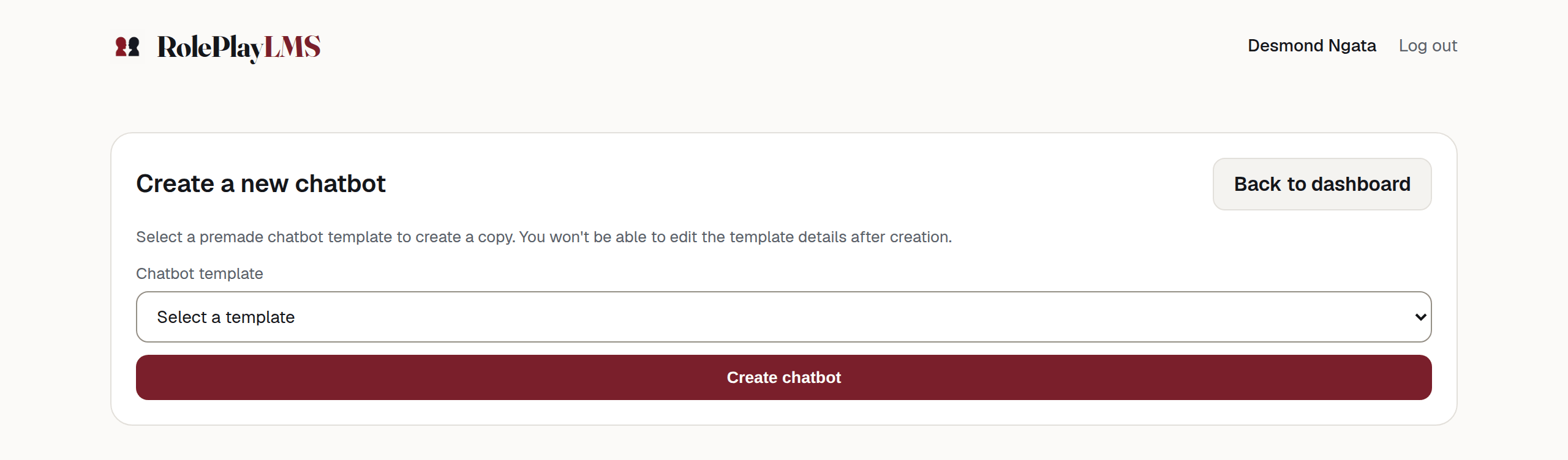 The standard teacher's create screen — a Chatbot template dropdown and a Create chatbot button.