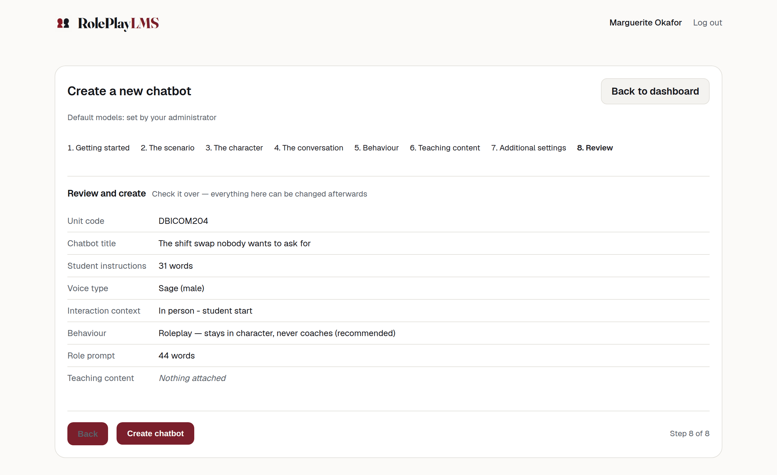 The final wizard step, summarising the main choices above a Create chatbot button.