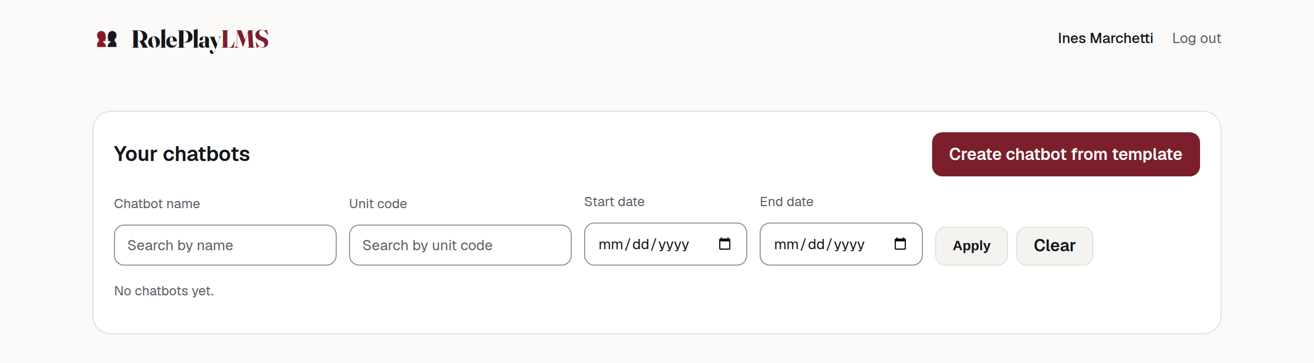 The dashboard for a new teacher, showing the filter bar, the create button and the line "No chatbots yet."
