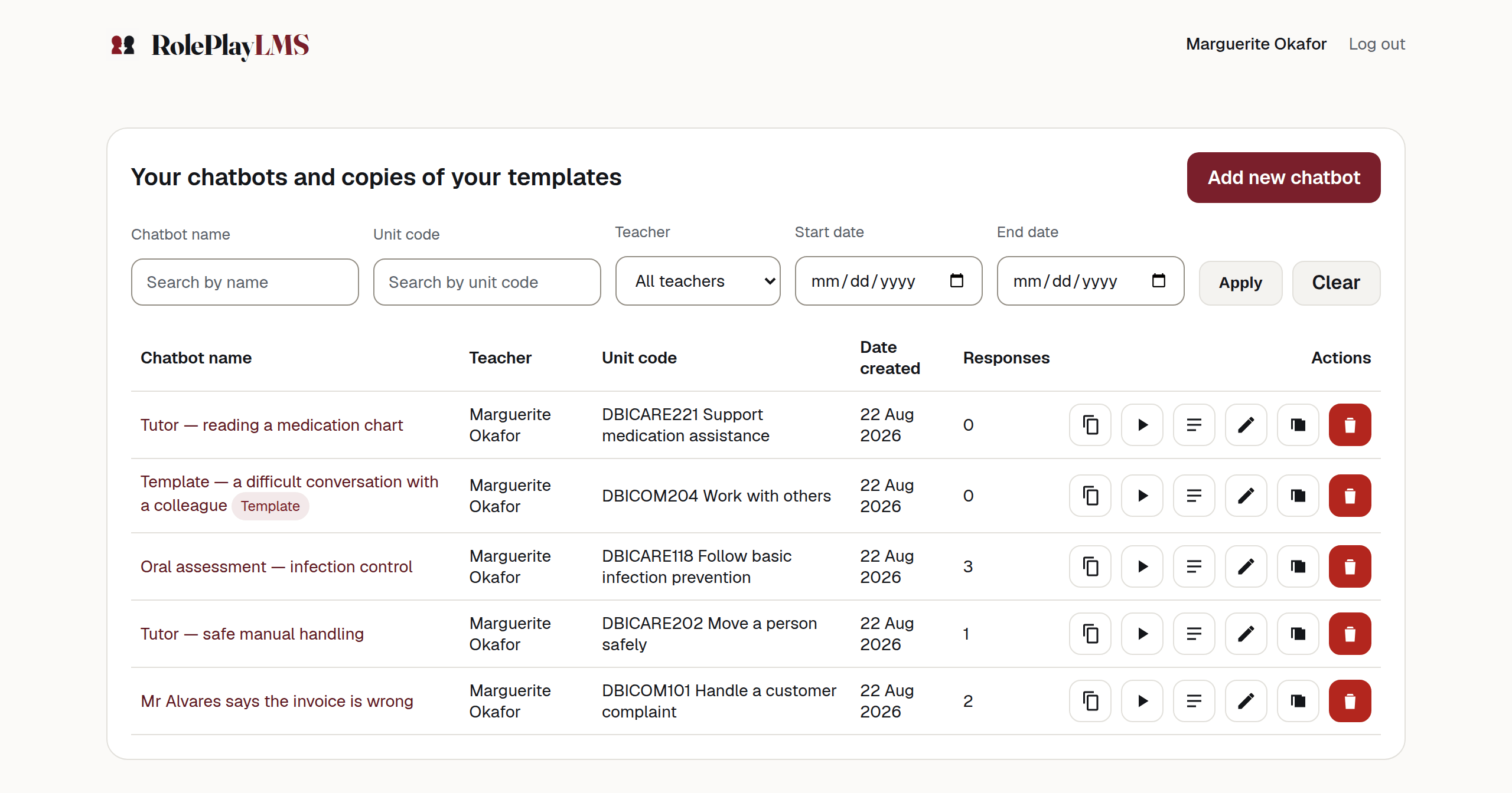 The RolePlay LMS dashboard listing five chatbots, with a filter bar above and six icon buttons at the end of each row.