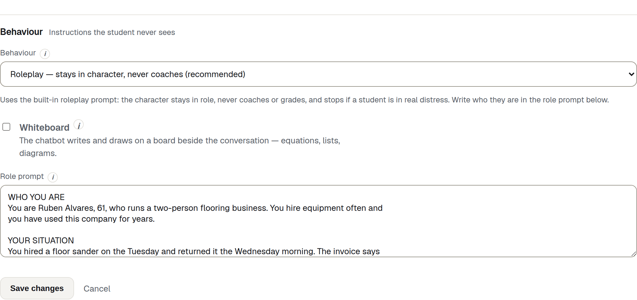 The Behaviour section — a Behaviour dropdown set to Roleplay, a one-line note under it, the Whiteboard checkbox, and the Role prompt textarea.