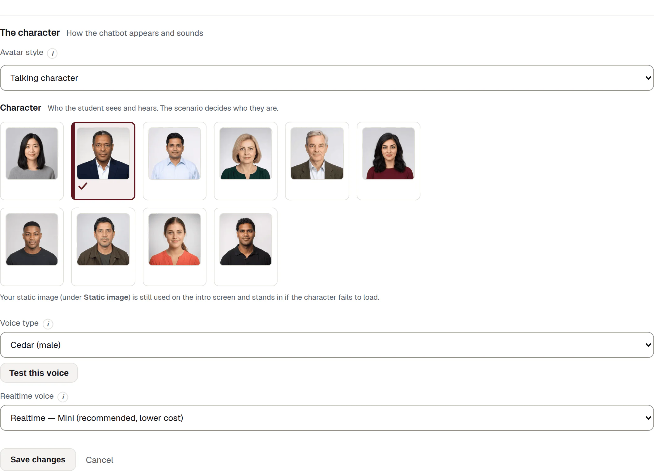 The character section — an Avatar style dropdown, the character gallery of portraits, the voice list with a Test this voice button, and the Realtime voice dropdown.