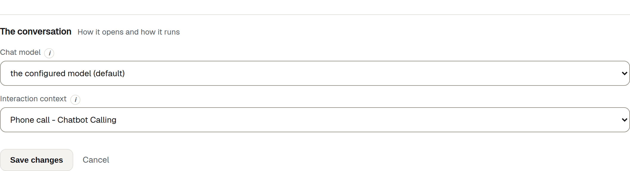 The conversation section — a Chat model dropdown, an Interaction context dropdown, and the starter phrase field.