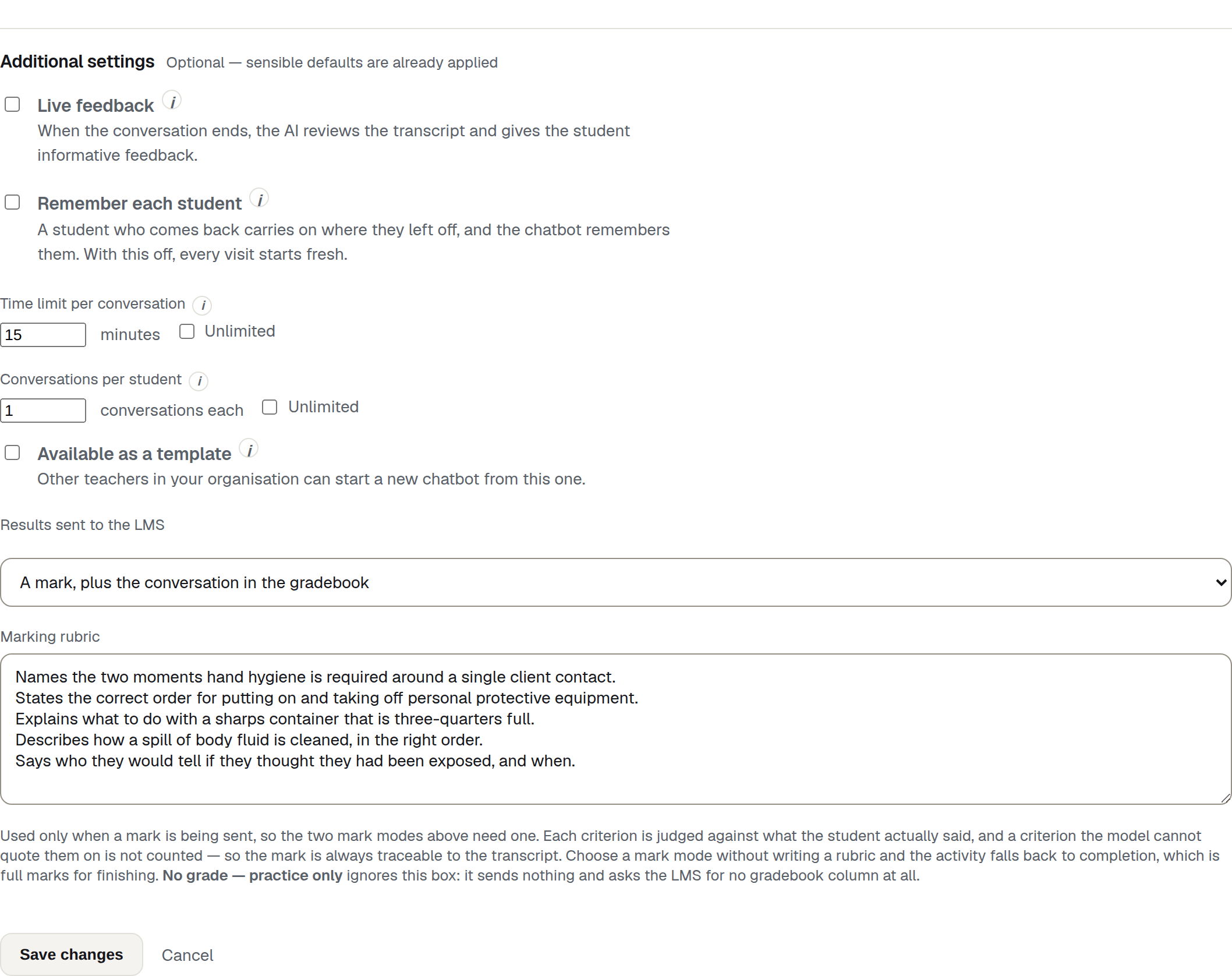 The Results sent to the LMS dropdown above the Marking rubric box and the paragraph explaining how criteria are judged.