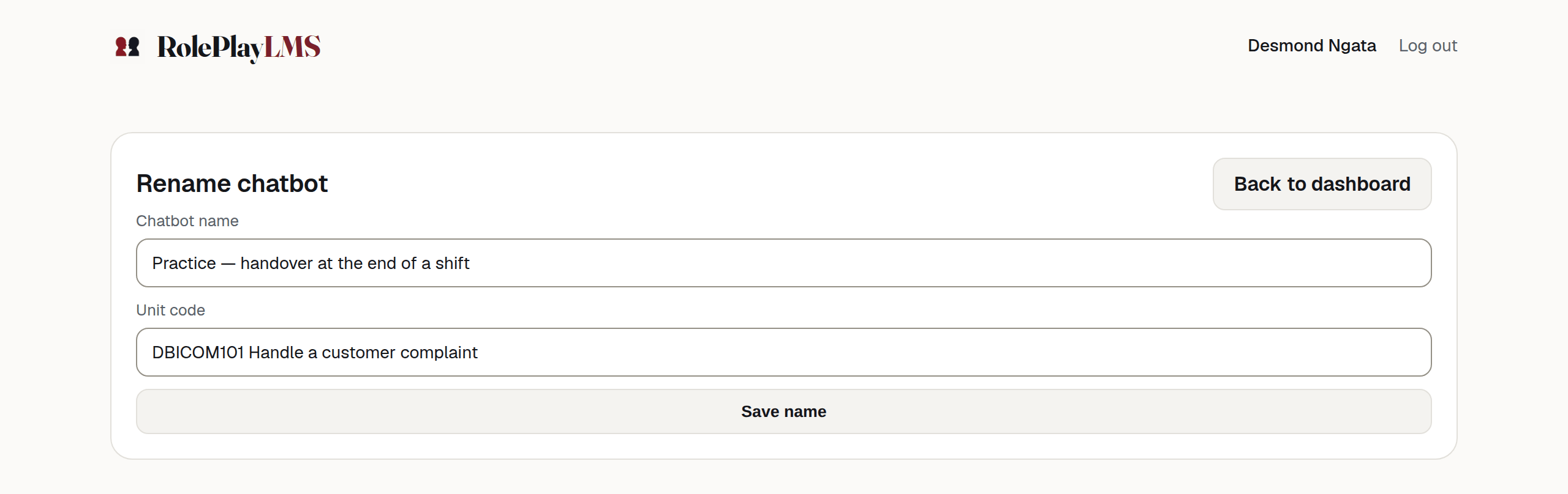 A short form headed "Rename chatbot" with two fields, Chatbot name and Unit code, and a Save name button.