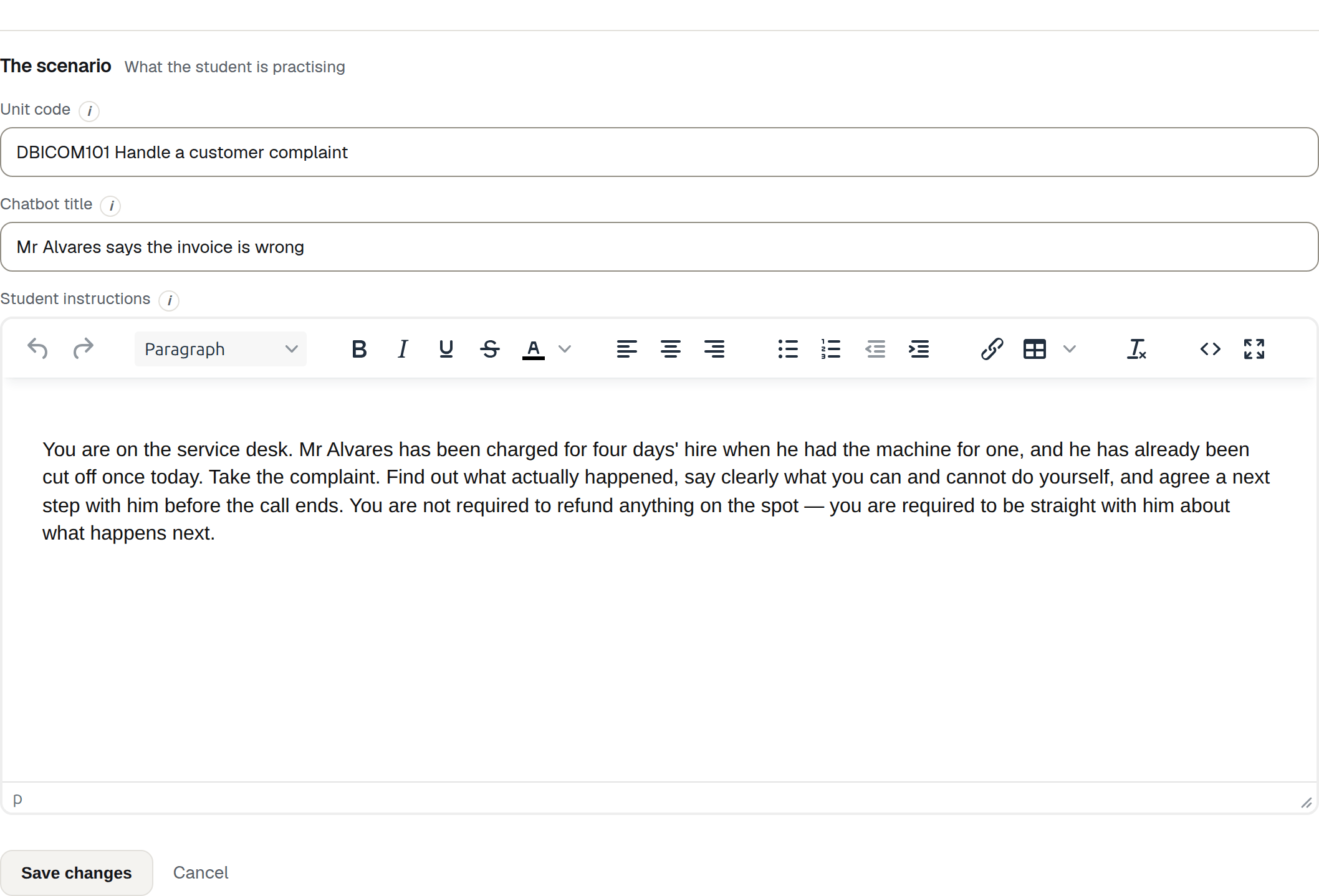 The scenario section of the edit page — Unit code, Chatbot title, and Student instructions in a rich-text editor.