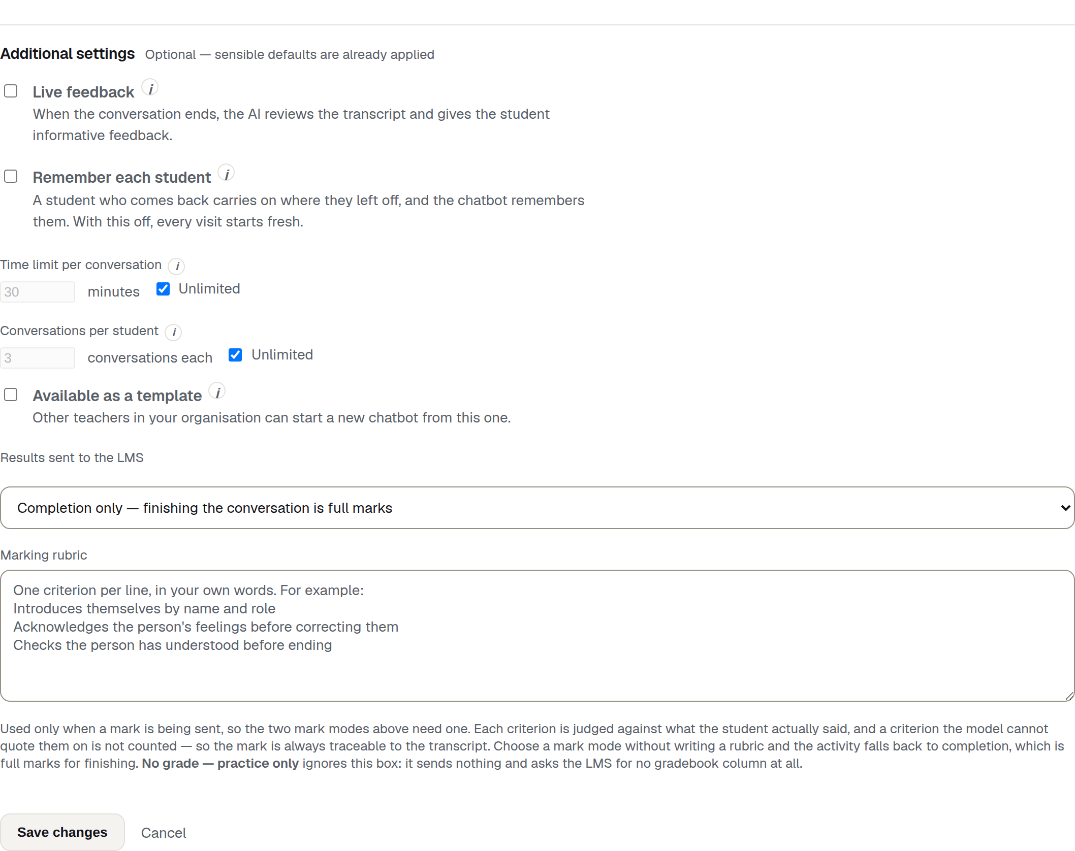 Additional settings — Live feedback, Remember each student, Time limit per conversation, Conversations per student, Available as a template, and the Results sent to the LMS dropdown with the rubric box.