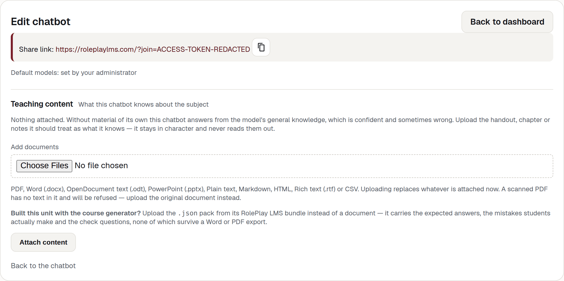 Teaching content with nothing attached — the explanatory line, the upload form, and the note about scanned PDFs.