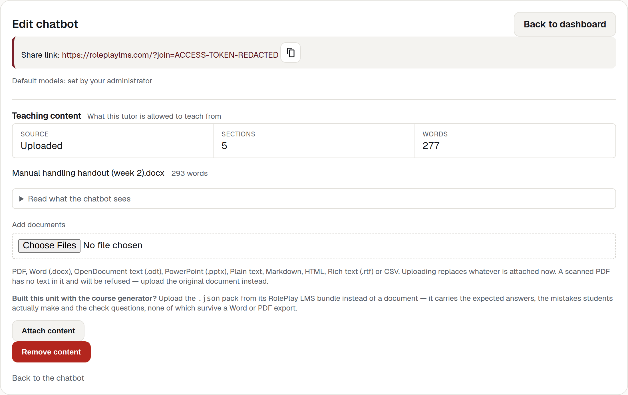 Teaching content with a document attached — a Source, Sections and Words strip, the file name and its word count, the "Read what the chatbot sees" control, the upload form and Remove content.