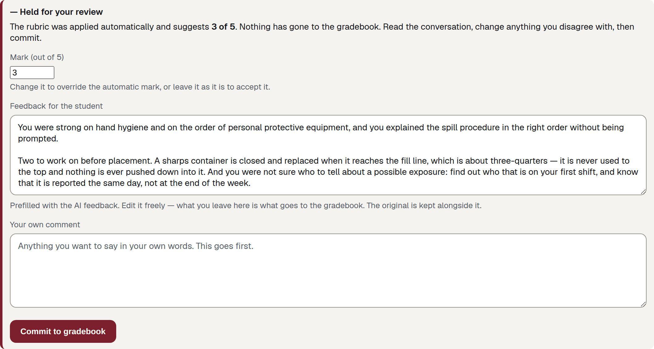A panel headed "Held for your review", saying the rubric suggests a mark out of a maximum and that nothing has gone to the gradebook, above a number field for the mark, a textarea of feedback for the student, a textarea for the assessor's own comment, and a "Commit to gradebook" button.