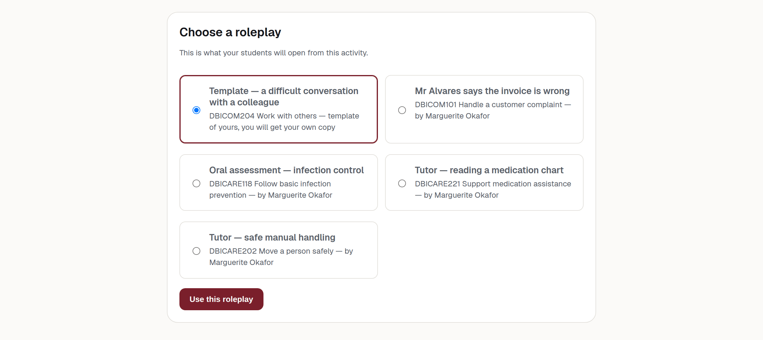 The LMS content chooser, listing the templates a teacher may start from and, for a lead teacher, their own chatbots.