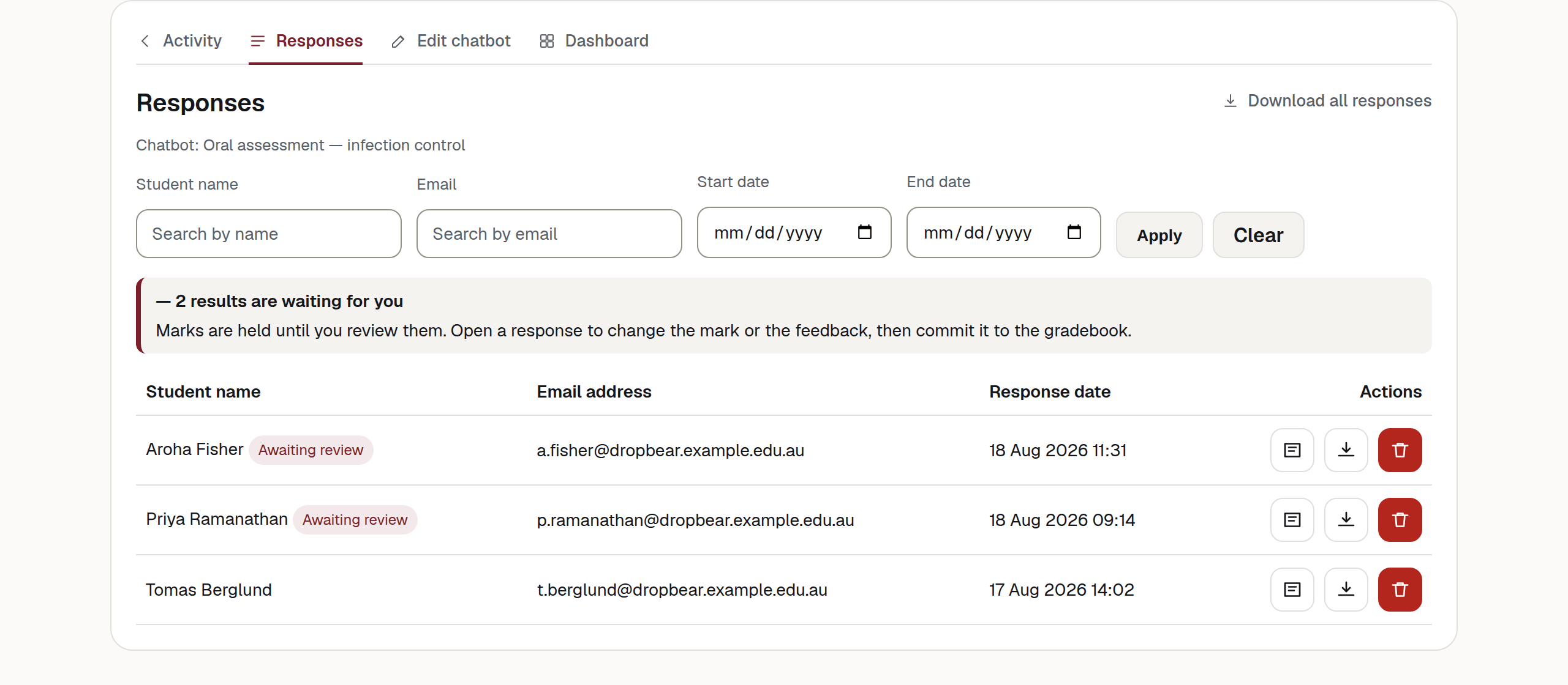 The responses list inside an LMS frame — the launch bar, a notice reading "2 results are waiting for you", four filter fields, and a table of three conversations with student names, email addresses and dates, two of them carrying an "Awaiting review" badge.