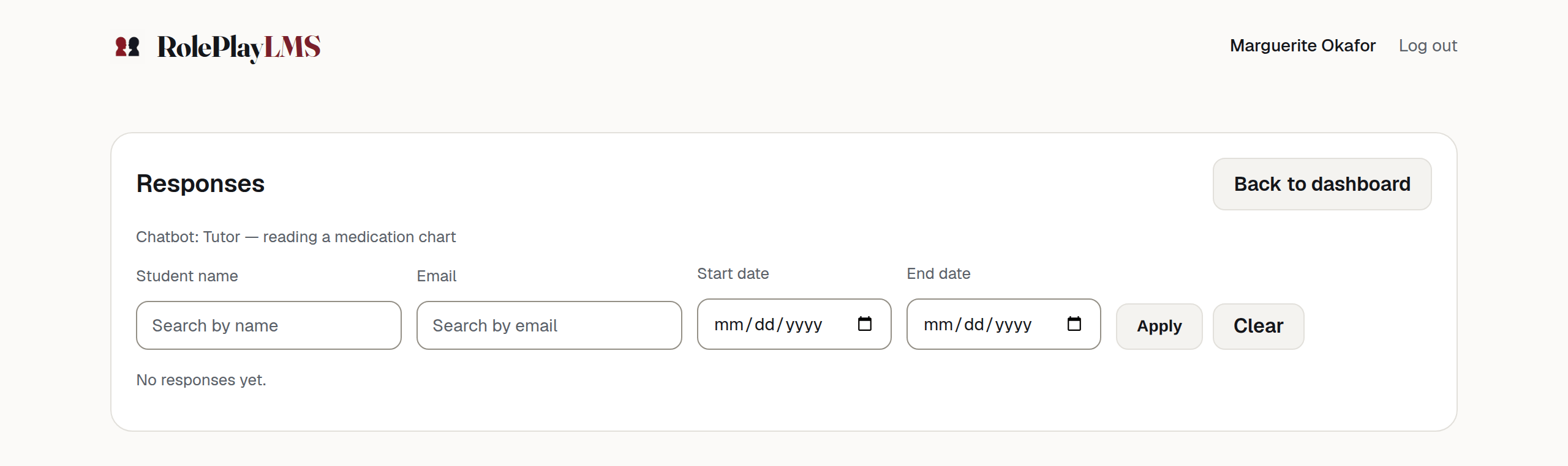 The responses page for a chatbot nobody has used, showing the heading, the filter row and the line "No responses yet."