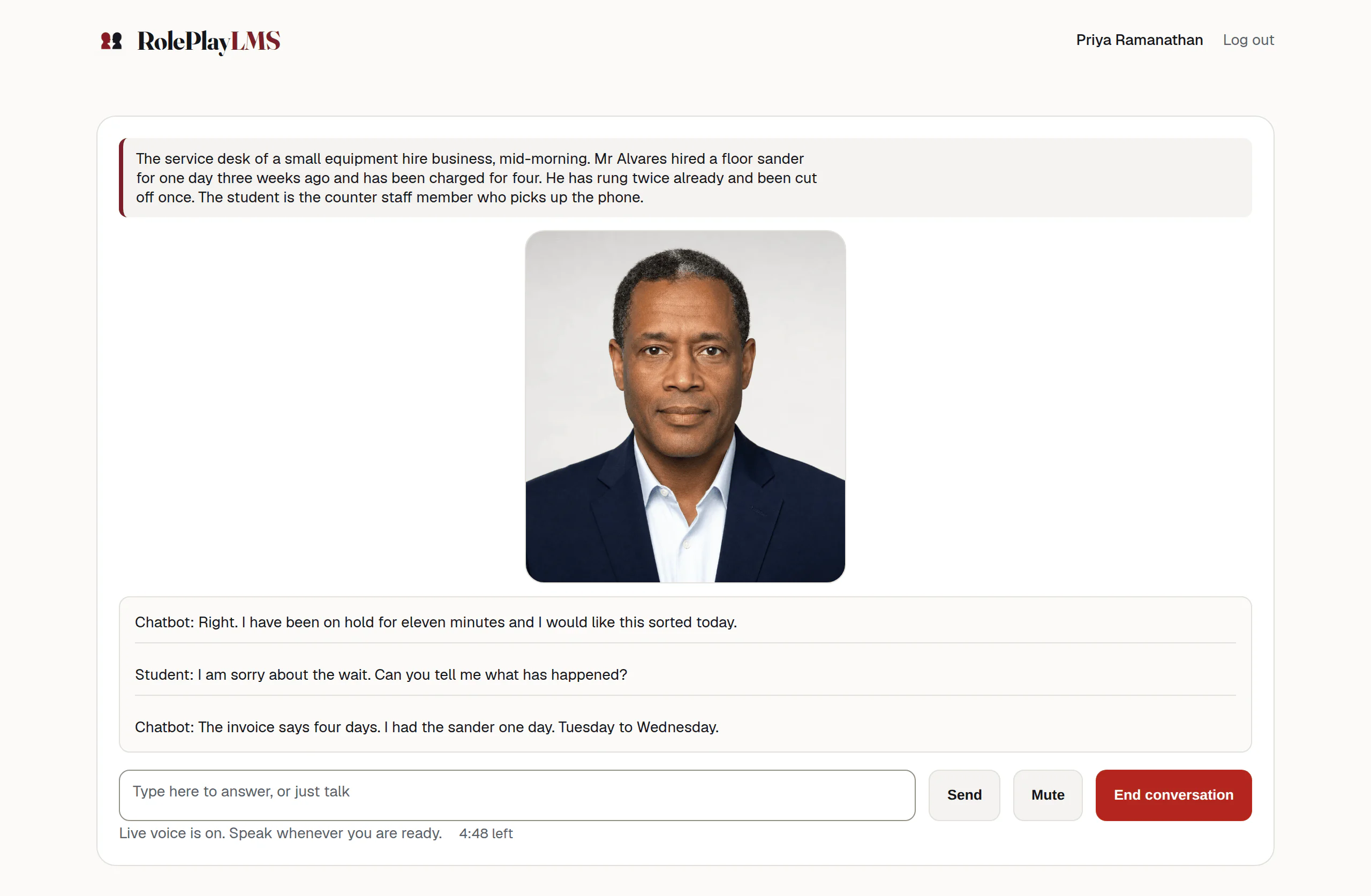 The same conversation screen with live voice on: no hold-to-talk microphone, a Mute button beside End conversation, and a text box reading Type here to answer, or just talk.