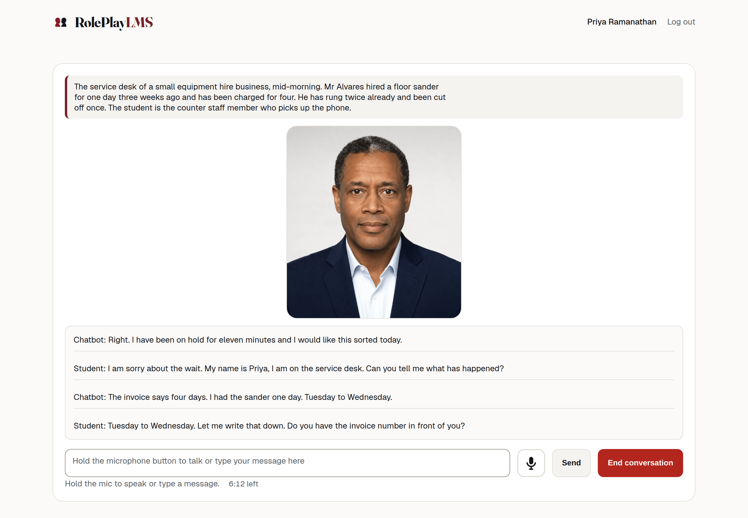 A conversation under way: the character's portrait, a scenario notice, the running transcript, a text box, a round microphone button, a Send button, End conversation, and a countdown line.