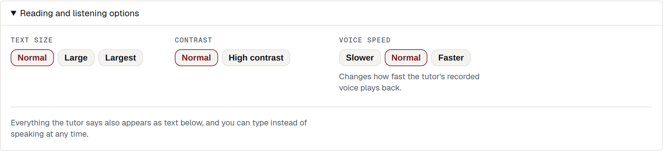 The Reading and listening options panel opened, showing Text size with Normal, Large and Largest; Contrast with Normal and High contrast; Voice speed with Slower, Normal and Faster; and a line saying everything the tutor says also appears as text.