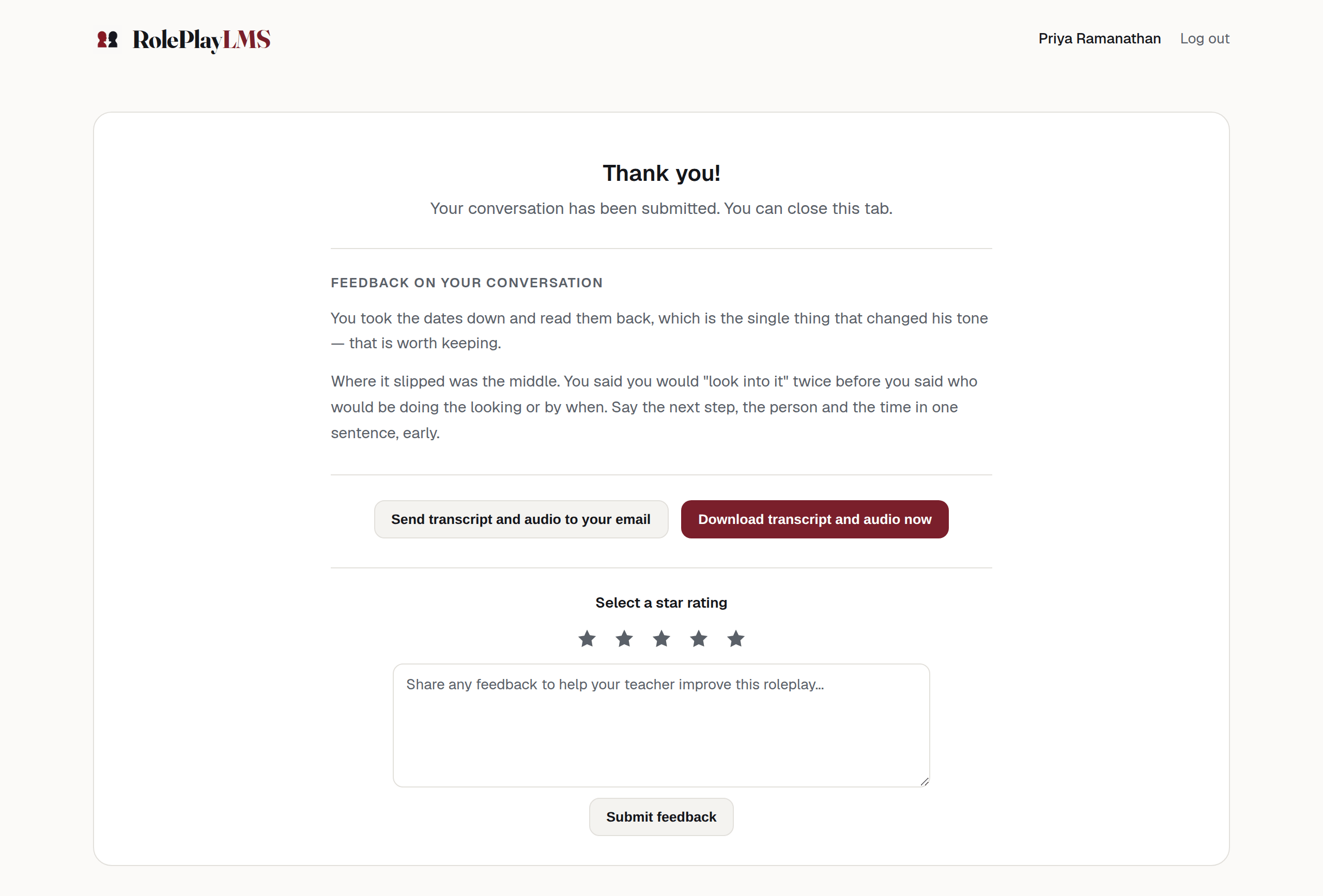 The thank-you screen: a heading, a confirmation line, a feedback panel, two buttons for emailing and downloading the transcript, and a five-star rating with a comment box.